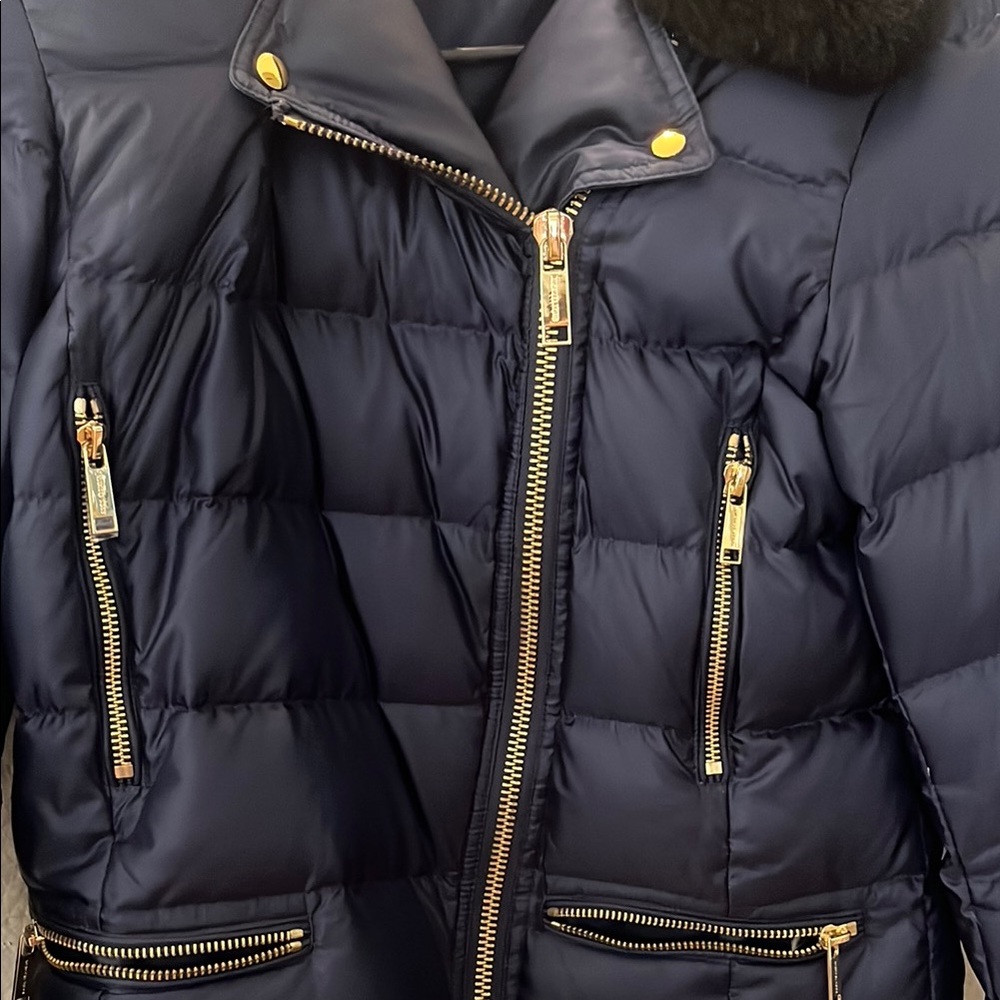 Michael Kors Navy Blue Puffer Jacket with Gold Accents - Picture 3 of 8